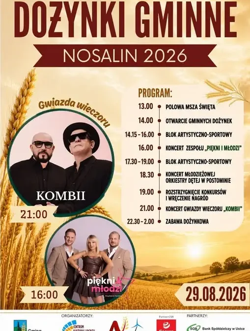 Dożynki Gminne 2026 w Nosalinie: KOMBI i Piękni i Młodzi na scenie