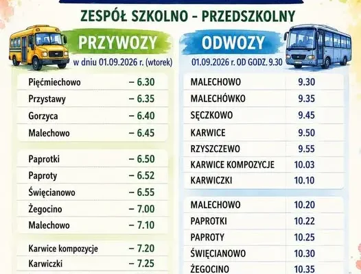 Rozpoczęcie roku szkolnego 2026/2027 w Malechowie – harmonogram dowozów