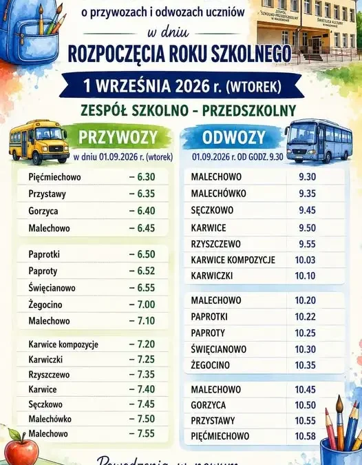 Rozpoczęcie roku szkolnego 2026/2027 w Malechowie – harmonogram dowozów