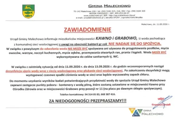 Uwaga! Woda w Kawnie i Grabowie niezdatna do picia – wykryto bakterie grupy coli