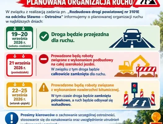 Utrudnienia na drodze powiatowej 3101E Sławno – Ostrożna. Sprawdź, kiedy droga będzie zamknięta