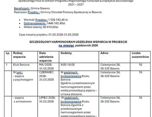 Klub Seniora w Gminie Sławno publikuje harmonogram zajęć na październik 2026